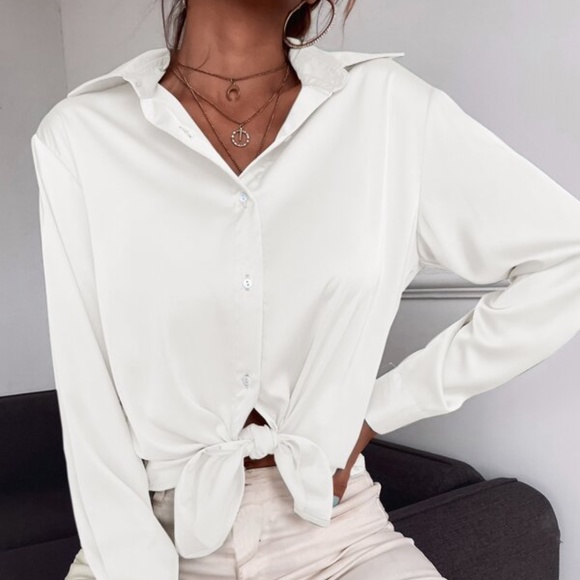 Satin mint Green silky button up Boyfriend Work - Picture 12 of 16